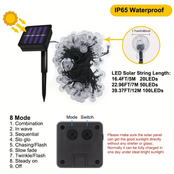 Saules enerģijas burbuļu bumba ārējai lietošanai, ūdensizturīgs gaismas virtenes IP65, astoņi režīmi, saules darbība, gaismas darbības laiks 6–12 stundas