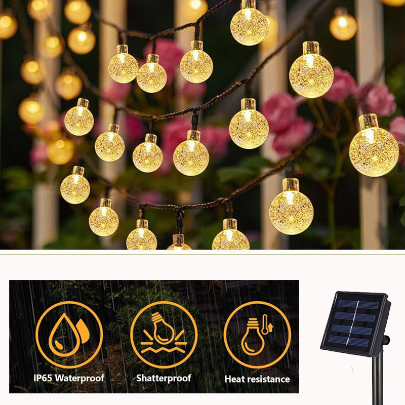 Saules enerģijas burbuļu bumba ārējai lietošanai, ūdensizturīgs gaismas virtenes IP65, astoņi režīmi, saules darbība, gaismas darbības laiks 6–12 stundas