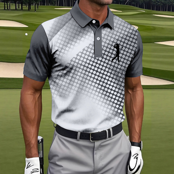 Férfi polo póló, karcsúsított szabás, rövid ujjú, Color Blocking mintázat, Nyomtatás/festés, lélegző nedvesség-elvezető poliészter