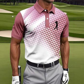 Férfi polo póló, karcsúsított szabás, rövid ujjú, Color Blocking mintázat, Nyomtatás/festés, lélegző nedvesség-elvezető poliészter