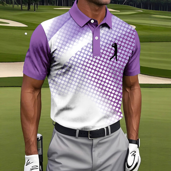 Férfi polo póló, karcsúsított szabás, rövid ujjú, Color Blocking mintázat, Nyomtatás/festés, lélegző nedvesség-elvezető poliészter