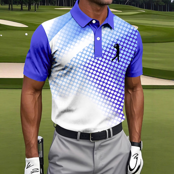 Férfi polo póló, karcsúsított szabás, rövid ujjú, Color Blocking mintázat, Nyomtatás/festés, lélegző nedvesség-elvezető poliészter