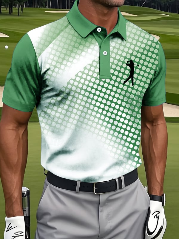 Férfi polo póló, karcsúsított szabás, rövid ujjú, Color Blocking mintázat, Nyomtatás/festés, lélegző nedvesség-elvezető poliészter