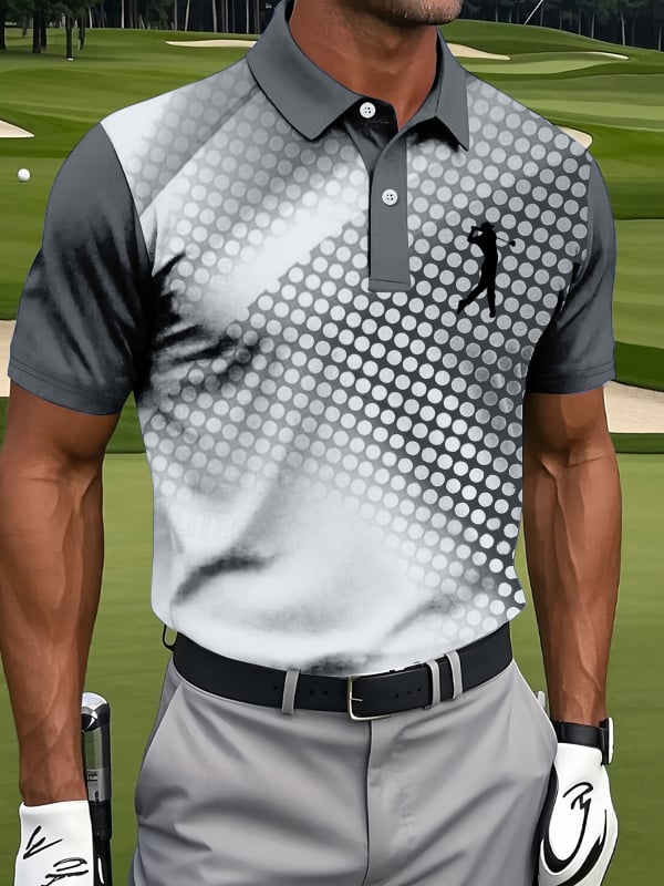 Férfi polo póló, karcsúsított szabás, rövid ujjú, Color Blocking mintázat, Nyomtatás/festés, lélegző nedvesség-elvezető poliészter