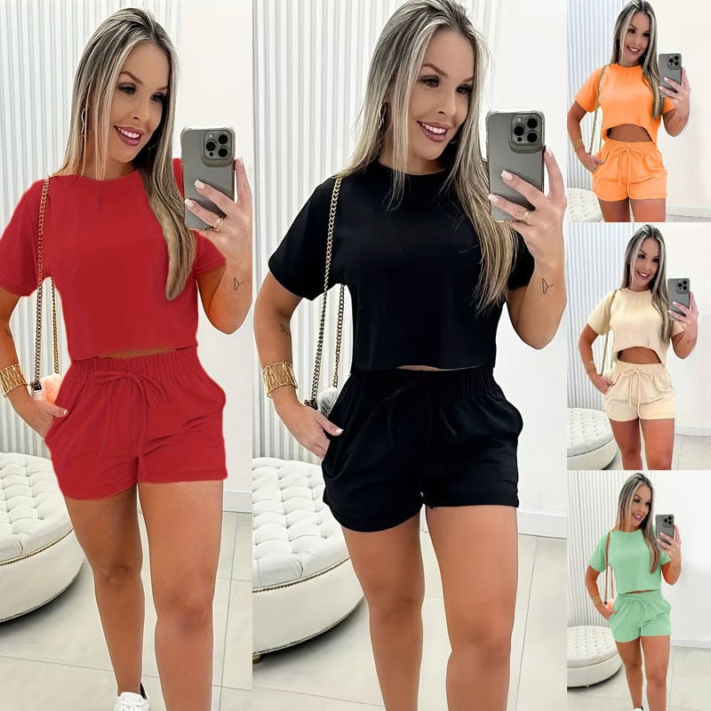 Moteriški vasaros dviejų dalių kostiumas, poliesterio–elastano mišinys, 3/4 rankovės, mergaitiškai gaivus stilius