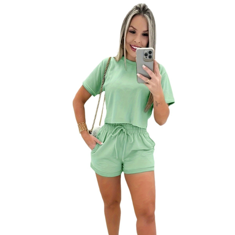 Moteriški vasaros dviejų dalių kostiumas, poliesterio–elastano mišinys, 3/4 rankovės, mergaitiškai gaivus stilius