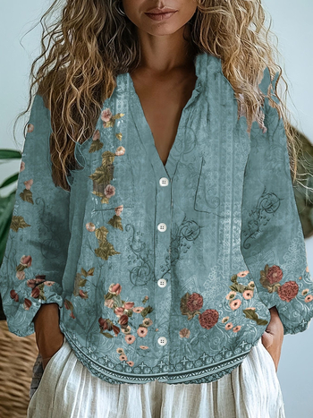 Bluză cu imprimeu boem, decolteu în V, mâneci 3/4, amestec poliester-elastan, stil etnic retro