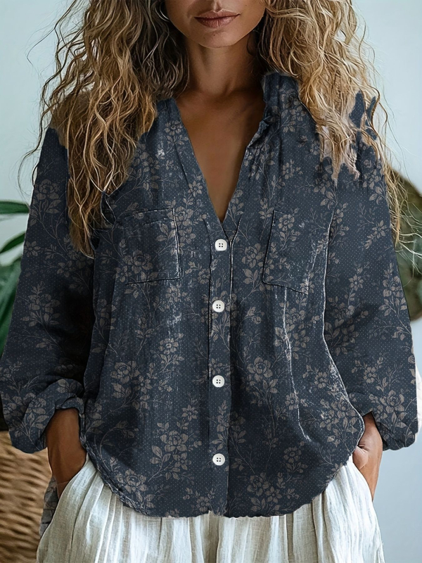 Bluză cu imprimeu boem, decolteu în V, mâneci 3/4, amestec poliester-elastan, stil etnic retro