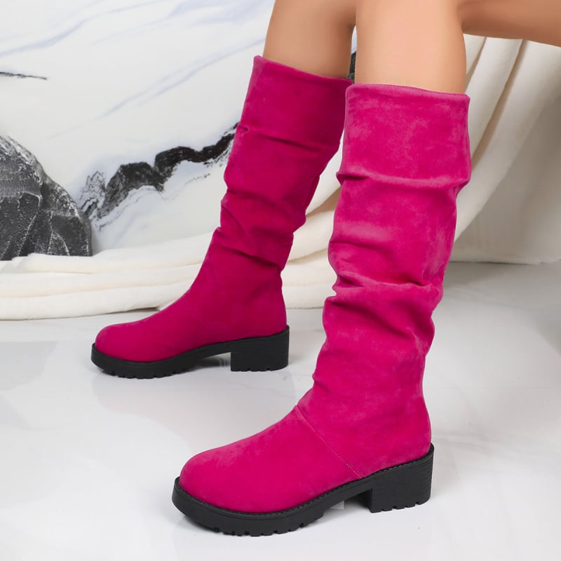 Vojničke čizme od velura, do koljena, okrugli vrh, debeli pet 6–8 cm, gumena potplata