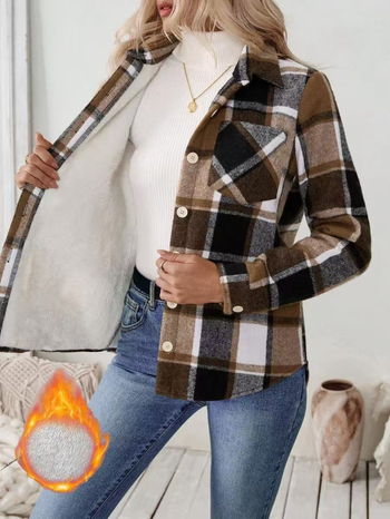 Ženski opušteni sako s kariranim uzorkom, preklopnim ovratnikom, poliester-spandex materijalom, dugi rukavi, slobodan kroj, jesen 2025