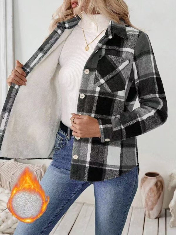 Ženski opušteni sako s kariranim uzorkom, preklopnim ovratnikom, poliester-spandex materijalom, dugi rukavi, slobodan kroj, jesen 2025