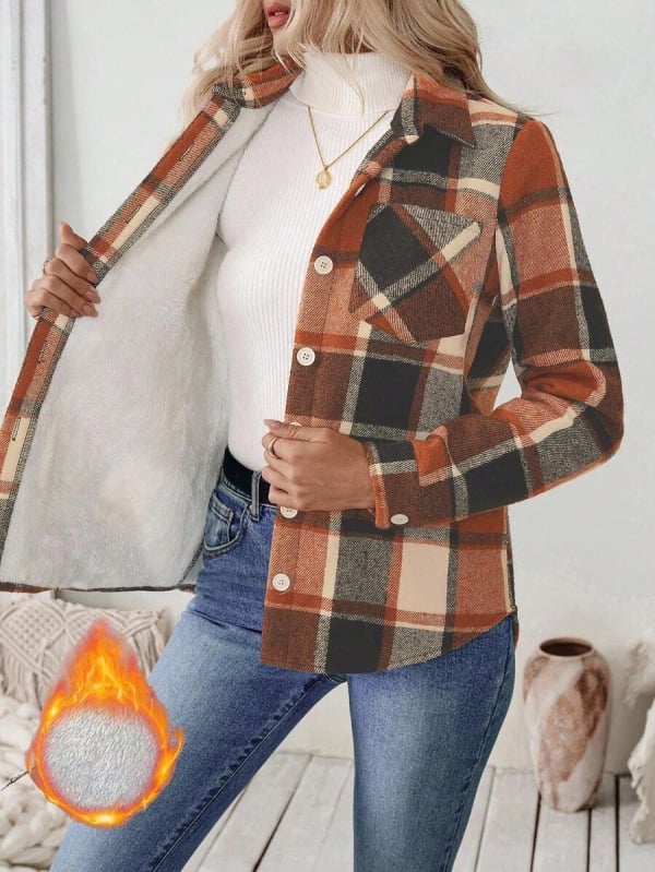 Ženski opušteni sako s kariranim uzorkom, preklopnim ovratnikom, poliester-spandex materijalom, dugi rukavi, slobodan kroj, jesen 2025