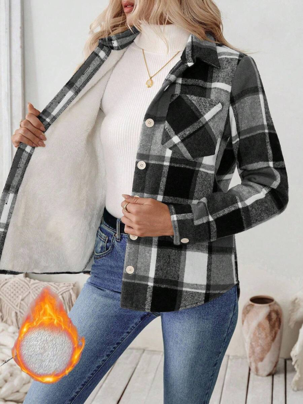 Ženski opušteni sako s kariranim uzorkom, preklopnim ovratnikom, poliester-spandex materijalom, dugi rukavi, slobodan kroj, jesen 2025