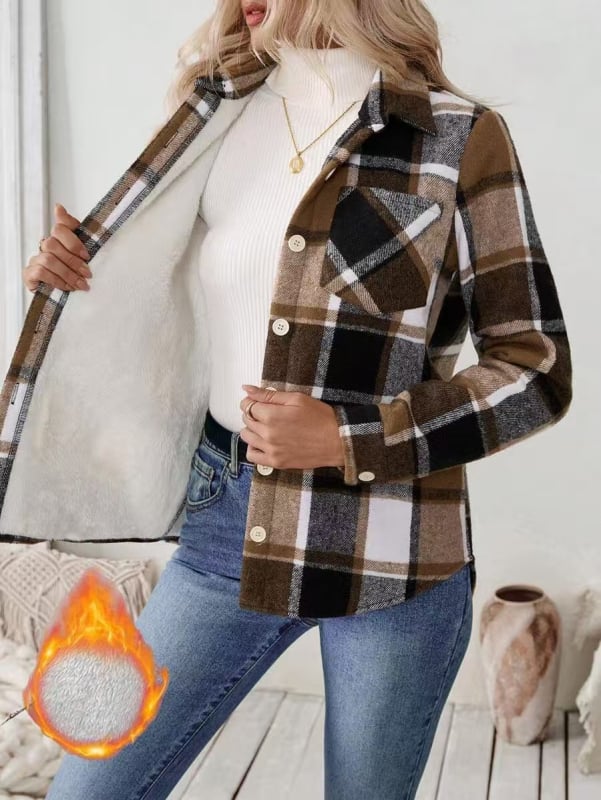 Ženski opušteni sako s kariranim uzorkom, preklopnim ovratnikom, poliester-spandex materijalom, dugi rukavi, slobodan kroj, jesen 2025