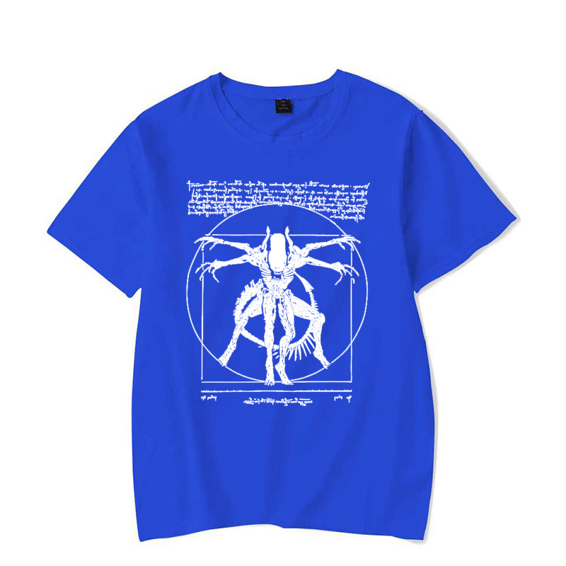 Muška majica s Da Vincijevim tiskom i vanzemaljskim motivom – prugasta, 96% pamuka, okrugli izrez, kratki rukavi