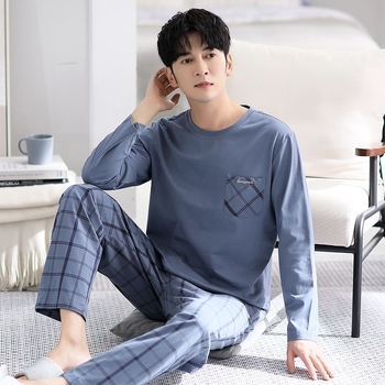 Muški set pidžama od rebrastog pamuka s dugim rukavima i dugim hlačama, vlakna viskoze 90–95%