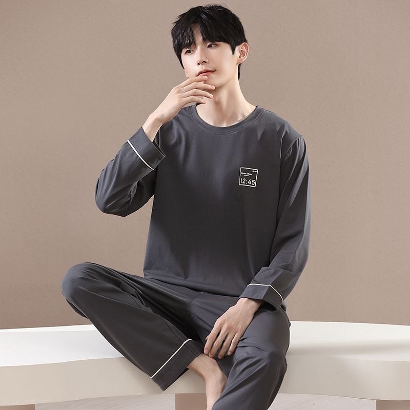 Muški set pidžama od rebrastog pamuka s dugim rukavima i dugim hlačama, vlakna viskoze 90–95%