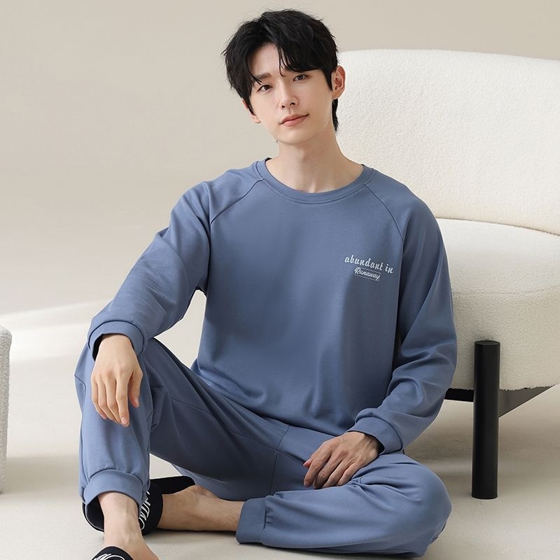 Muški set pidžama od rebrastog pamuka s dugim rukavima i dugim hlačama, vlakna viskoze 90–95%