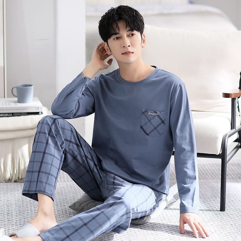 Muški set pidžama od rebrastog pamuka s dugim rukavima i dugim hlačama, vlakna viskoze 90–95%