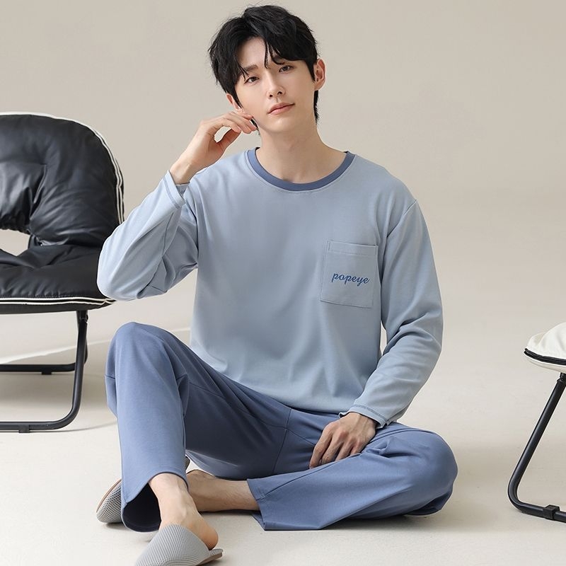 Muški set pidžama od rebrastog pamuka s dugim rukavima i dugim hlačama, vlakna viskoze 90–95%