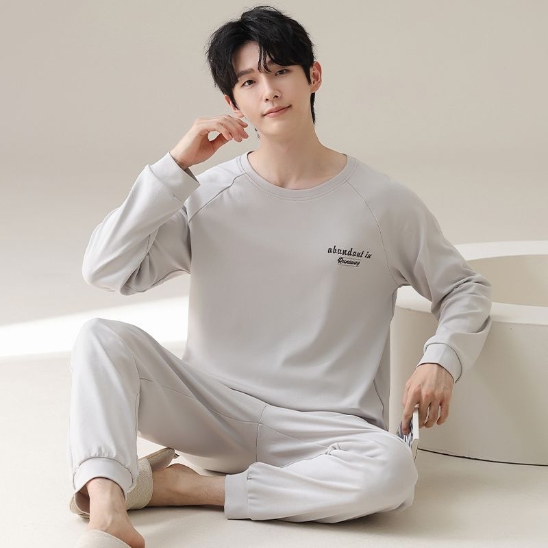 Muški set pidžama od rebrastog pamuka s dugim rukavima i dugim hlačama, vlakna viskoze 90–95%