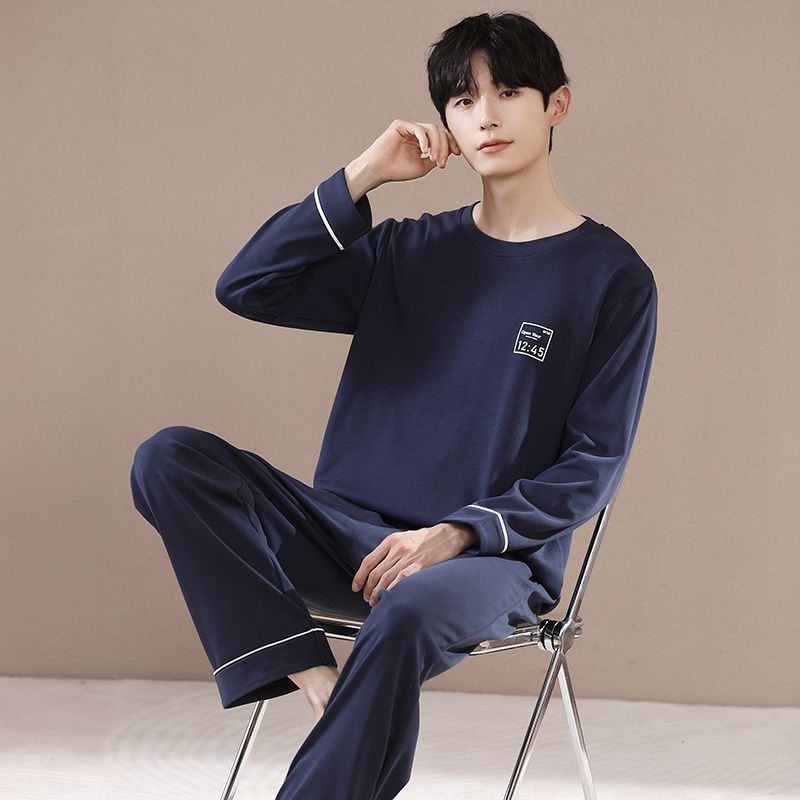 Muški set pidžama od rebrastog pamuka s dugim rukavima i dugim hlačama, vlakna viskoze 90–95%