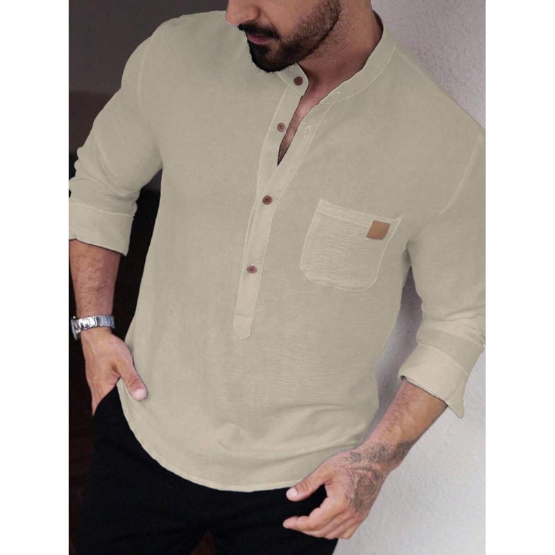 Marškiniai – Slim Fit, Platus apykaklė, 7/10 rankovės, Spalvų blokų raštas, Linų 51–70%