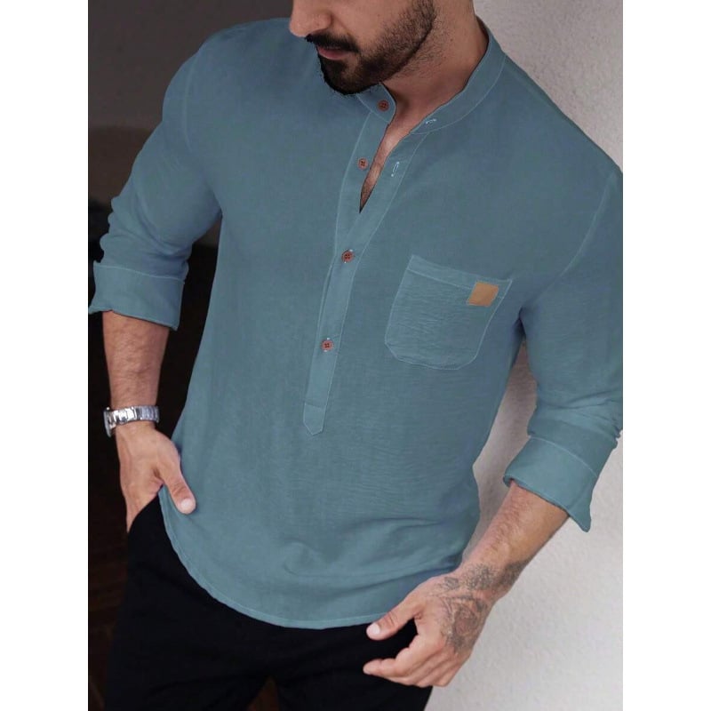 Marškiniai – Slim Fit, Platus apykaklė, 7/10 rankovės, Spalvų blokų raštas, Linų 51–70%