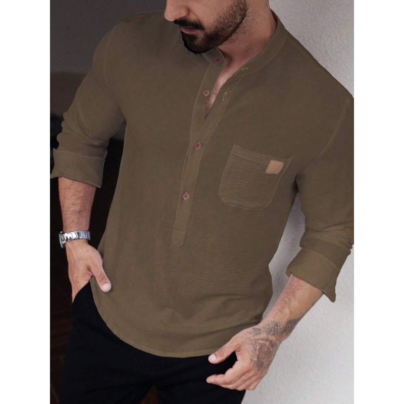 Marškiniai – Slim Fit, Platus apykaklė, 7/10 rankovės, Spalvų blokų raštas, Linų 51–70%