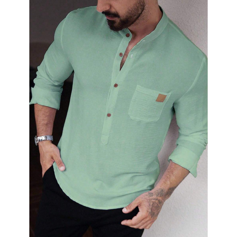 Marškiniai – Slim Fit, Platus apykaklė, 7/10 rankovės, Spalvų blokų raštas, Linų 51–70%