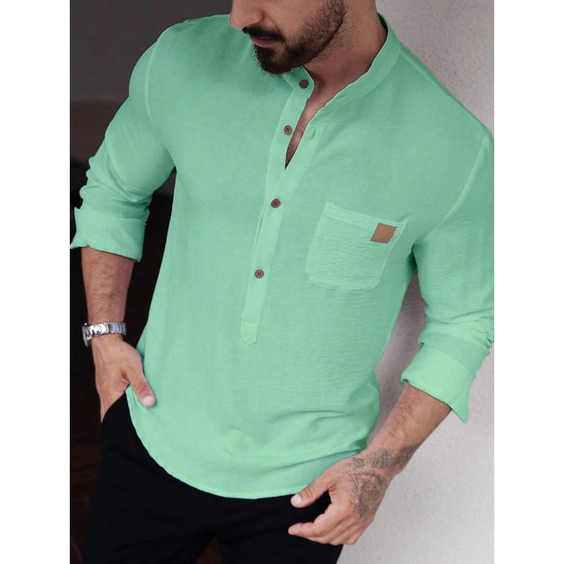 Marškiniai – Slim Fit, Platus apykaklė, 7/10 rankovės, Spalvų blokų raštas, Linų 51–70%