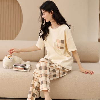 Kokvilnas divdaļīgs pidžāmas komplekts ar apaļu kakla izgriezumu un biksēm, karikatūru zīmējums, viegls un elpojošs vasarai