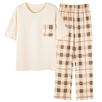 Kokvilnas divdaļīgs pidžāmas komplekts ar apaļu kakla izgriezumu un biksēm, karikatūru zīmējums, viegls un elpojošs vasarai