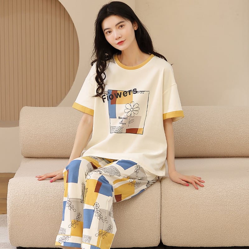 Kokvilnas divdaļīgs pidžāmas komplekts ar apaļu kakla izgriezumu un biksēm, karikatūru zīmējums, viegls un elpojošs vasarai