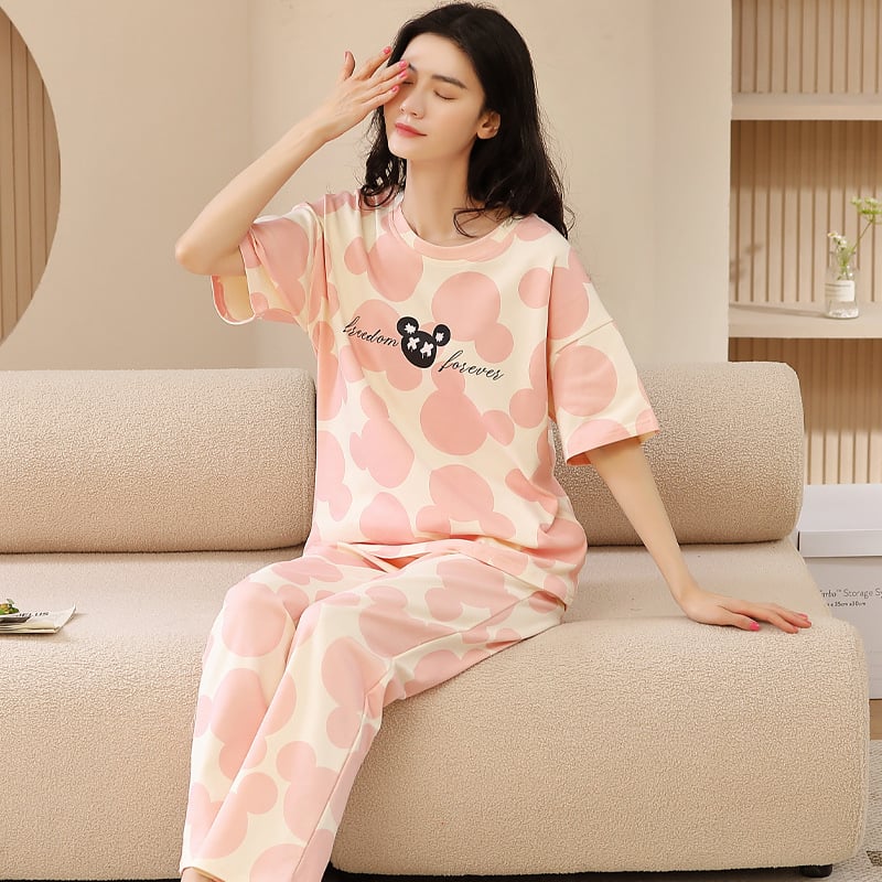 Kokvilnas divdaļīgs pidžāmas komplekts ar apaļu kakla izgriezumu un biksēm, karikatūru zīmējums, viegls un elpojošs vasarai