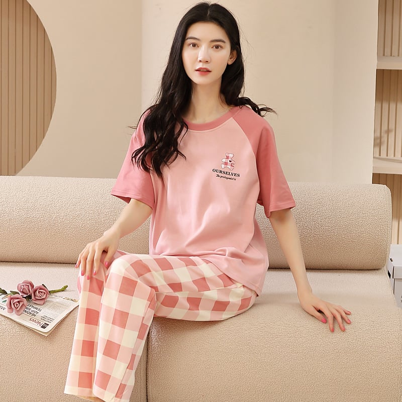 Kokvilnas divdaļīgs pidžāmas komplekts ar apaļu kakla izgriezumu un biksēm, karikatūru zīmējums, viegls un elpojošs vasarai