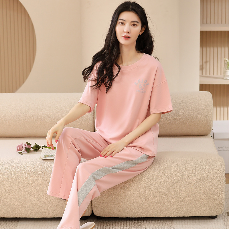 Kokvilnas divdaļīgs pidžāmas komplekts ar apaļu kakla izgriezumu un biksēm, karikatūru zīmējums, viegls un elpojošs vasarai