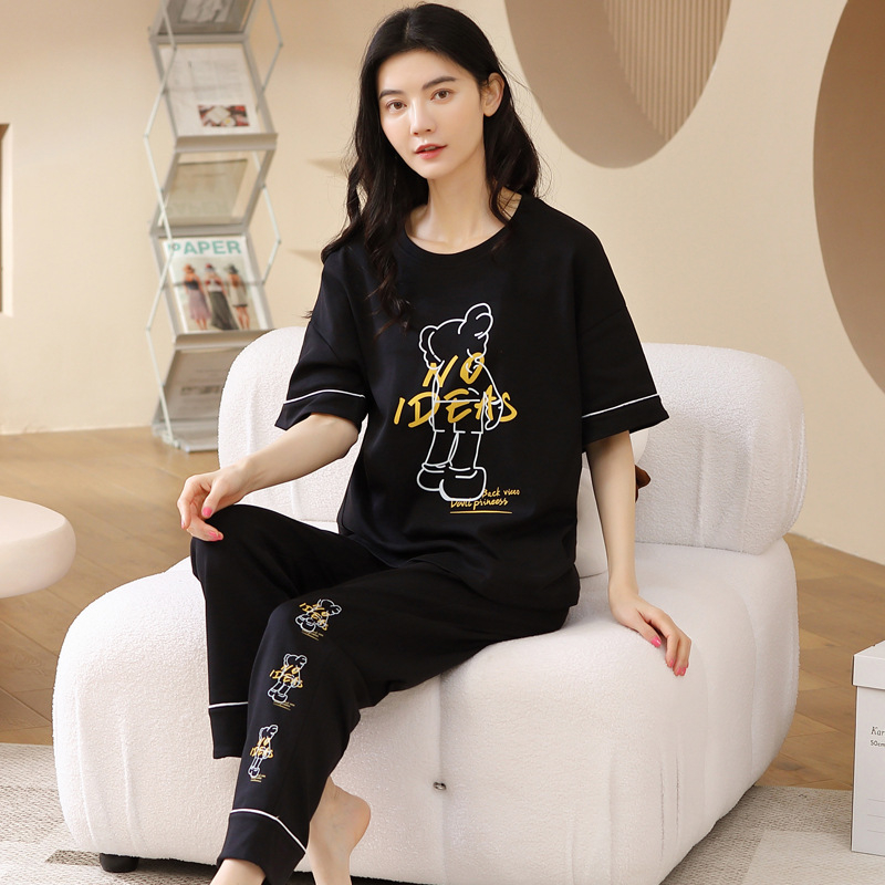 Kokvilnas divdaļīgs pidžāmas komplekts ar apaļu kakla izgriezumu un biksēm, karikatūru zīmējums, viegls un elpojošs vasarai