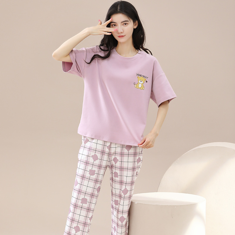 Kokvilnas divdaļīgs pidžāmas komplekts ar apaļu kakla izgriezumu un biksēm, karikatūru zīmējums, viegls un elpojošs vasarai