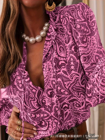 Cămașă cu mâneci lungi, manșete bule, decolteu în V, poliester, stil pulover, model W0027, lungime medie 65–80 cm