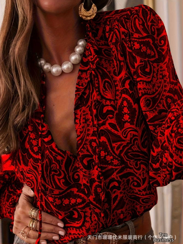 Cămașă cu mâneci lungi, manșete bule, decolteu în V, poliester, stil pulover, model W0027, lungime medie 65–80 cm