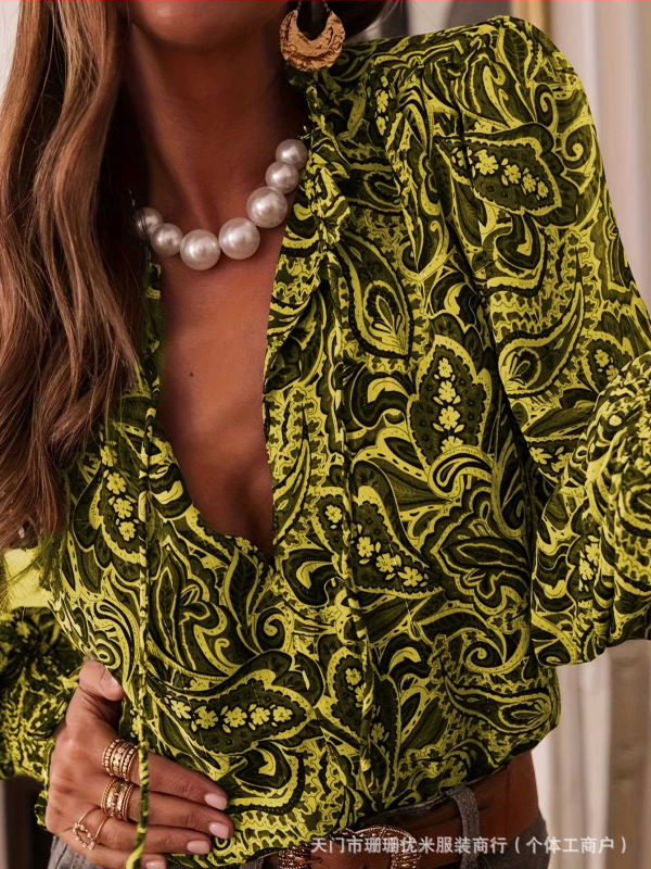 Košeľa s dlhými rukávmi, balónové rukávy, V-krk, pulover štýl, polyester, kód W0027, stredná dĺžka 65–80 cm