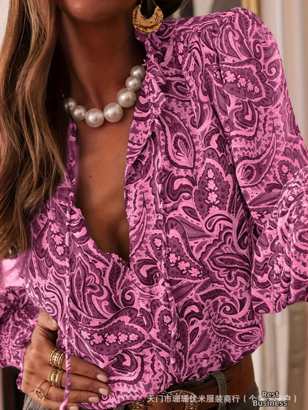 Košeľa s dlhými rukávmi, balónové rukávy, V-krk, pulover štýl, polyester, kód W0027, stredná dĺžka 65–80 cm