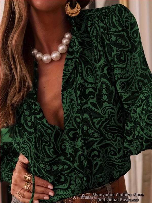 Cămașă cu mâneci lungi, manșete bule, decolteu în V, poliester, stil pulover, model W0027, lungime medie 65–80 cm