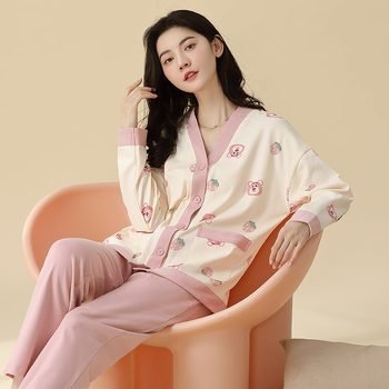 Sieviešu kokvilnas pidžāmu komplekts ar kimono kaklu, garām piedurknēm un biksēm – elpojošs, ērts