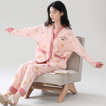 Sieviešu kokvilnas pidžāmu komplekts ar kimono kaklu, garām piedurknēm un biksēm – elpojošs, ērts