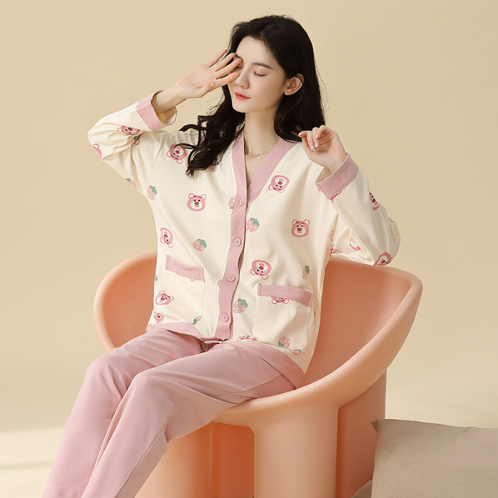 Sieviešu kokvilnas pidžāmu komplekts ar kimono kaklu, garām piedurknēm un biksēm – elpojošs, ērts