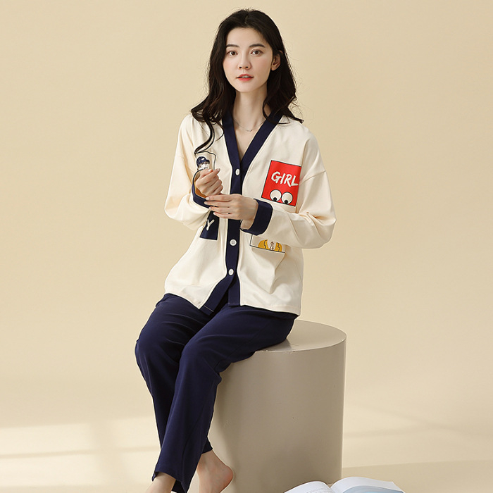 Sieviešu kokvilnas pidžāmu komplekts ar kimono kaklu, garām piedurknēm un biksēm – elpojošs, ērts