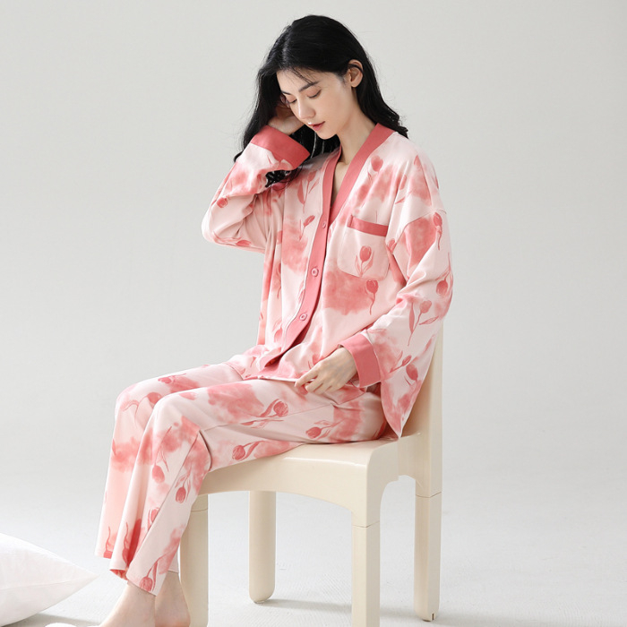 Sieviešu kokvilnas pidžāmu komplekts ar kimono kaklu, garām piedurknēm un biksēm – elpojošs, ērts