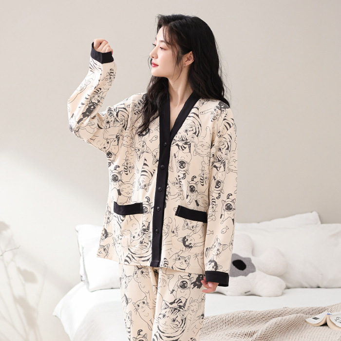 Sieviešu kokvilnas pidžāmu komplekts ar kimono kaklu, garām piedurknēm un biksēm – elpojošs, ērts